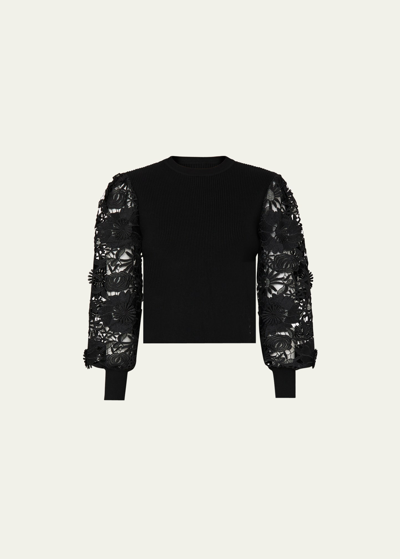 Shop Milly Lace-sleeve Crewneck Rib Sweater In Black