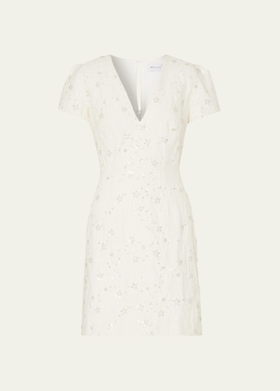Shop Milly Atalie Floral Beaded Short-sleeve Mini Dress In Ecru