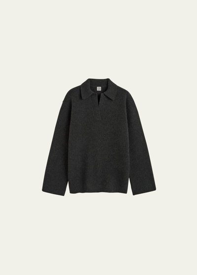 Shop Totême Cashmere Rib Polo Sweater In Charcoal Melanage