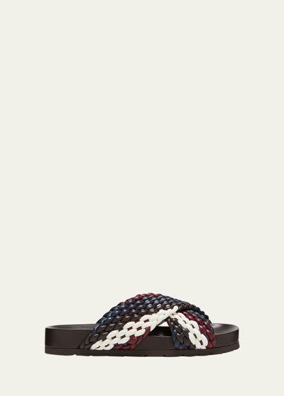 Shop Bottega Veneta Men's Multicolor Intreccio Leather Slide Sandals In Fondant/space/mer