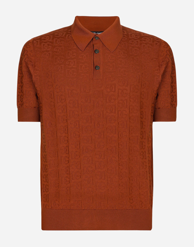 Shop Dolce & Gabbana Silk Jacquard Polo-shirt With Dg Logo In Brown