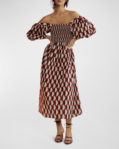 Shop Cynthia Rowley Smocked Off-shoulder Geo-print Midi Dress In Geoblrd