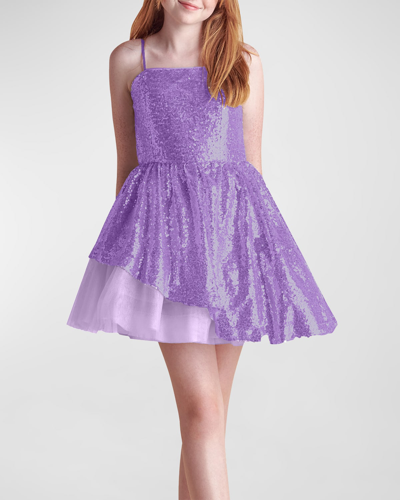 Shop Un Deux Trois Girl's Sequined Peek-a-boo Tulle Dress In Lilac
