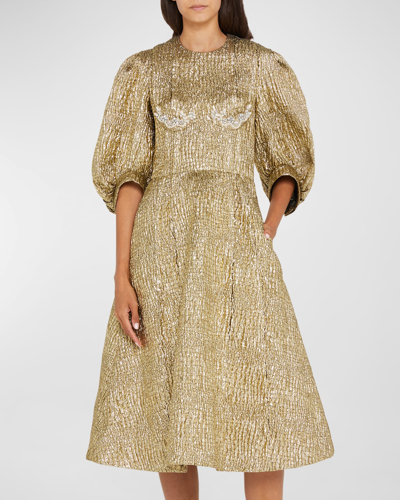 Shop Simone Rocha Puff-sleeve Embellished-cup Midi Dress In Gold Pearl Clear
