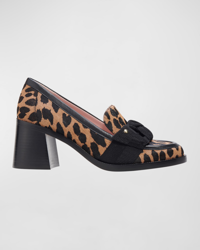 Shop Kate Spade Leandra Leopard Bow Heeled Loafers In Mrdn Leo/ Lght T