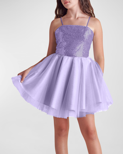 Shop Un Deux Trois Girl's Sequin & Tulle Mini Dress In Lilac
