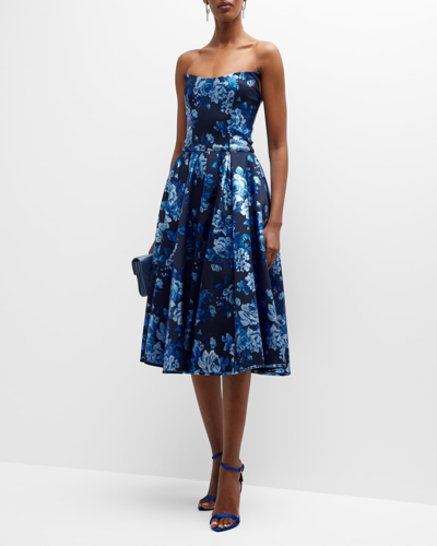 Shop Black Halo Clara Pleated Strapless Floral-print Midi Dress In Crystal Bloom