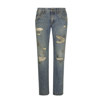 Shop Dolce & Gabbana Washed Denim Jeans With Rips In Combined_colour