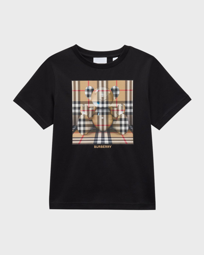 Shop Burberry Kid's Cedar Checkered Bear-print T-shirt In Black
