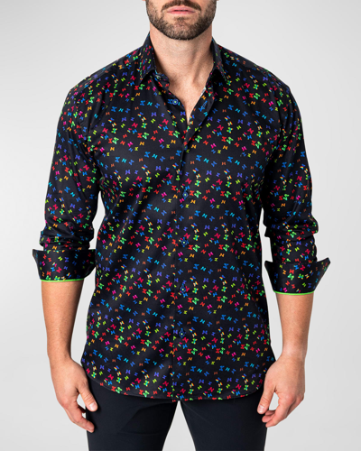 Shop Maceoo Men's Fibonacci Neon Butterflies Sport Shirt In Black