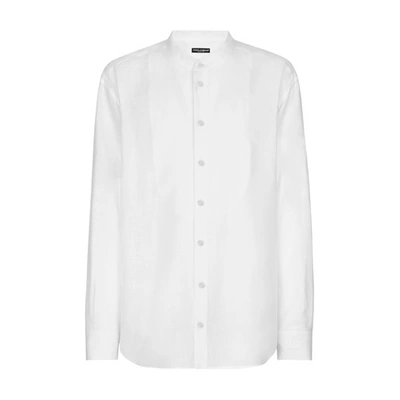 Shop Dolce & Gabbana Linen Shirt With Embroidery And Shirt-front Detail In Optical_white