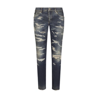 Shop Dolce & Gabbana Skinny Denim Stretch Jeans With Abrasions In Combined_colour