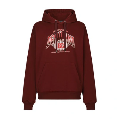 Shop Dolce & Gabbana Hoodie In Jersey With Logo Print In Bordeaux
