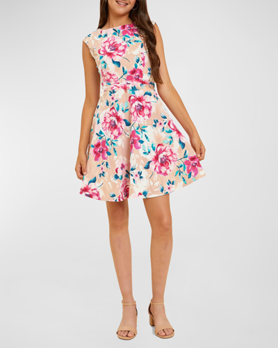 Shop Un Deux Trois Girl's Textured Cap Sleeve Dress In Rose