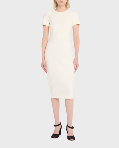 Shop Victoria Beckham T-shirt Fitted Midi Dress With Back Zipper In Ivory