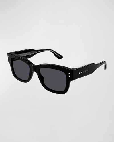 Shop Gucci Men's Acetate Rectangle Sunglasses In Black