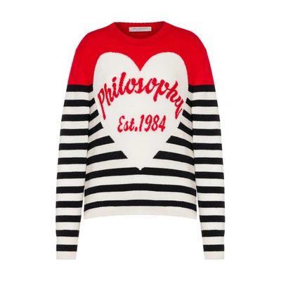 Shop Philosophy Di Lorenzo Serafini Cashmere Blend Striped Sweater With Heart In Bianco
