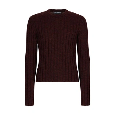 Shop Dolce & Gabbana Ribbed Wool Crewneck Sweater In Dark_aubergine