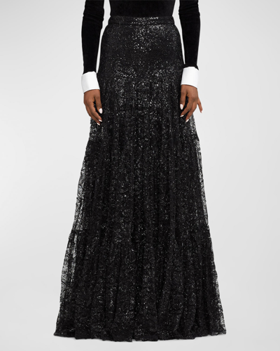 Shop Ralph Lauren Sutton Sequin Tiered Lace-overlay Maxi Skirt In Black
