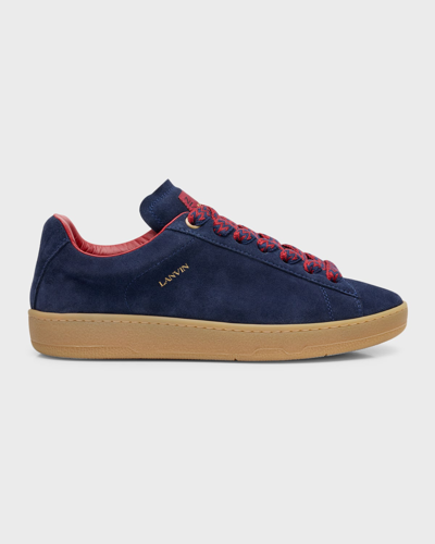 Shop Lanvin Men's Lite Curb Suede Low-top Sneakers In Navy Blue/red