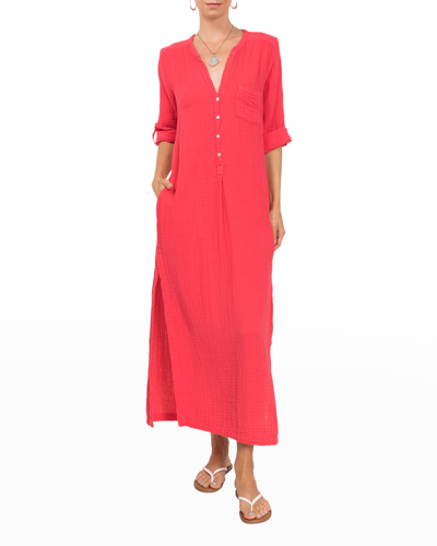 Shop Everyday Ritual Tracy Gauze Cotton Henley Caftan In Coral