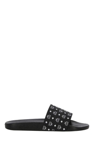 Mcm Monogram Print Rubber Slides In Black