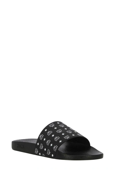 Mcm Monogram Print Rubber Slides In Black