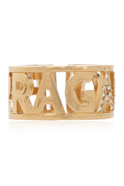 Shop Ferragamo Salvatore  Logo Lettering Embellished Ring In Gold