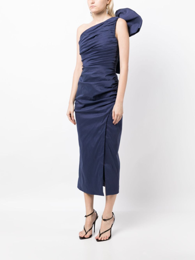 Shop Rachel Gilbert Olive Bow-detailing Ruched Dress In Blue