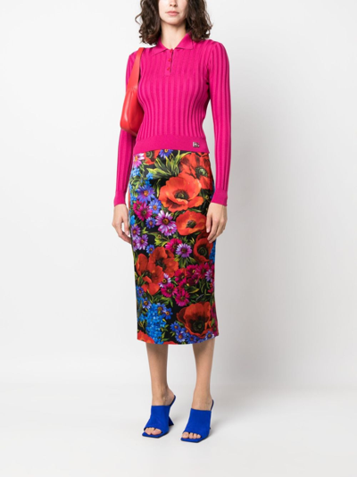Dolce & Gabbana Long-sleeved Polo Shirt In Ribbed Knit In Pink