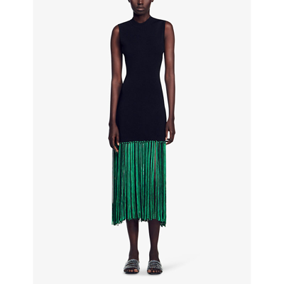 Shop Sandro Womens Noir / Gris Contrast-trim Sleeveless Woven Midi Dress