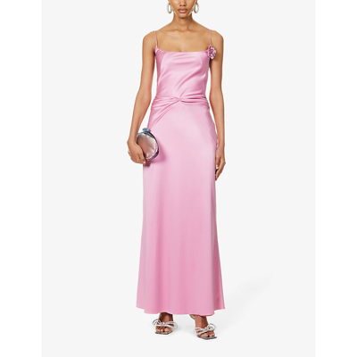 Shop Mach & Mach Women's Pink Flower-embellished Ruched Satin Maxi Dress