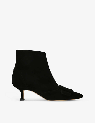 Shop Manolo Blahnik Baylow 50 Buckle-embellished Suede Ankle Boots In Black