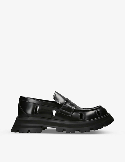 Shop Alexander Mcqueen Women's Black Cut-out Chunky-sole Leather Loafers