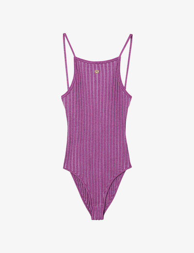 Shop Sandro Women's Violets Logo-badge Sleeveless Ribbed-knit Bodysuit In Purple