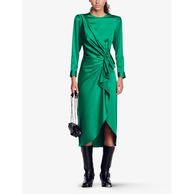 Shop Sandro Womens Verts Ruffled Stretch-satin Midi Dress