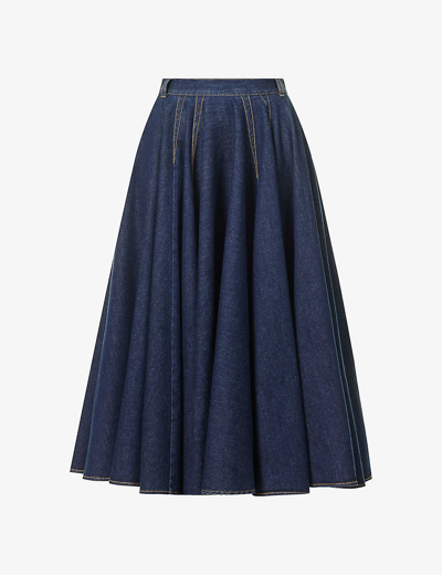 Shop Alaïa Azzedine Alaia Women's Bleu Denim Flared-hem Contrast-stitching Stretch-denim Midi Skirt