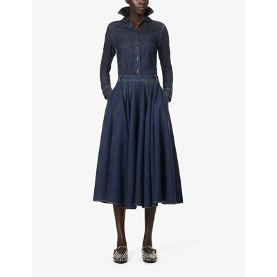 Shop Alaïa Azzedine Alaia Women's Bleu Denim Flared-hem Contrast-stitching Stretch-denim Midi Skirt