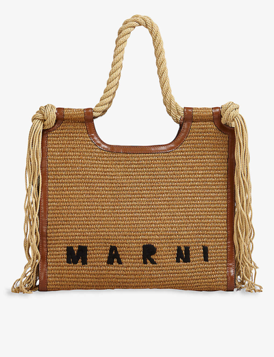 Shop Marni Marcel Logo-embellished Woven Tote Bag In Raw Sienna