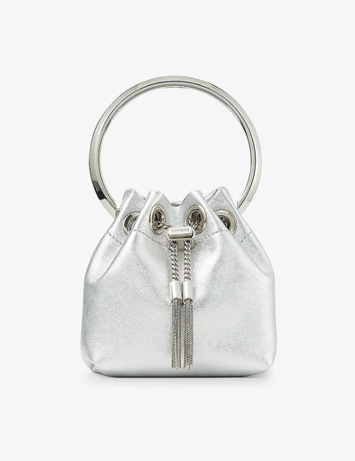 Shop Jimmy Choo Silver Bon Bon Micro Metallic Leather Top-handle Bag