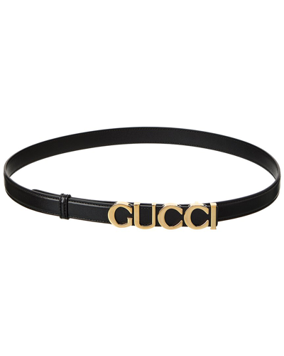 Shop Gucci Buckle Thin Leather Belt In Black