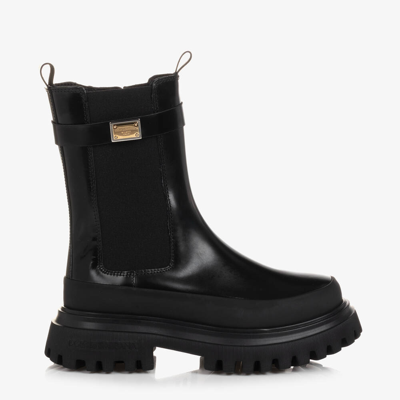 Shop Dolce & Gabbana Girls Black Chunky Leather Boots