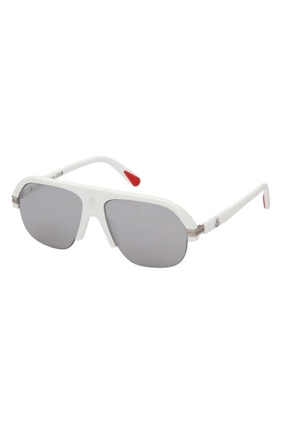 Shop Moncler Lodge 57mm Navigator Sunglasses In Shiny White / Smoke Lenses