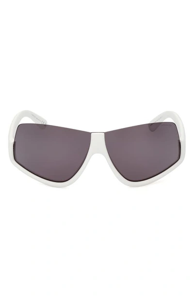 Shop Moncler Vyzer Shield Sunglasses In Shiny White / Smoke Lenses