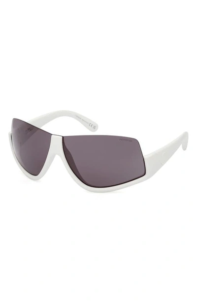 Shop Moncler Vyzer Shield Sunglasses In Shiny White / Smoke Lenses