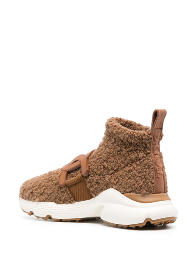Shop Tod's Shearling Logo-plaque Sneakers In Brown
