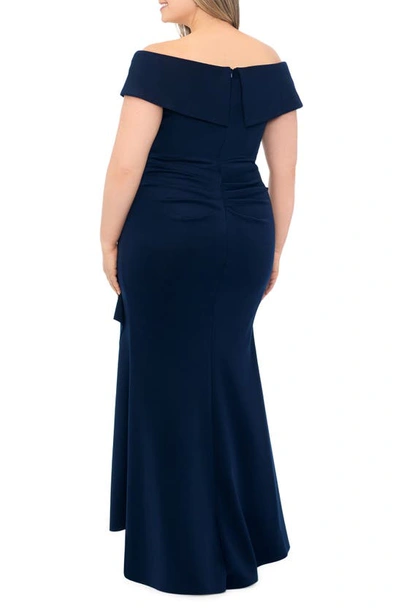 Shop Xscape Evenings Off The Shoulder Ruffle Scuba Gown In Midnight