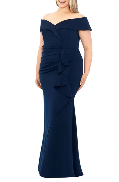 Xscape Ruffle Sleeve Off The Shoulder Scuba Crepe Sheath Gown In Midnight