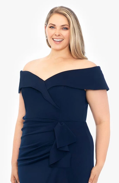 Xscape Ruffle Sleeve Off The Shoulder Scuba Crepe Sheath Gown In Midnight