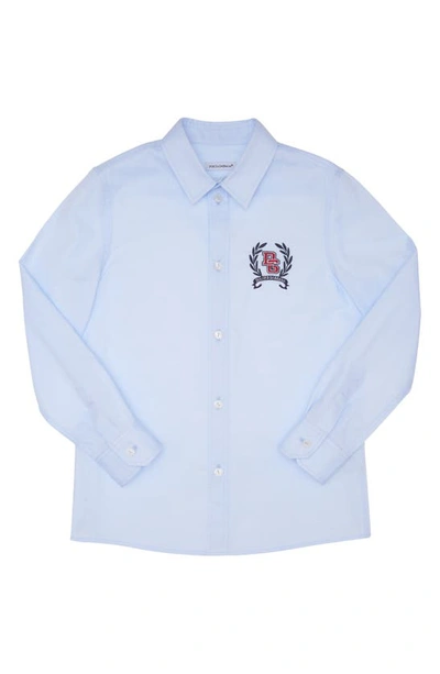 Shop Dolce & Gabbana Kids' Embroidered Logo Button-up Cotton Shirt In Light Blue